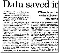 Newspaper article: Data saved in IBM miracle.
