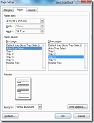 Word Paper Setup paper tray options