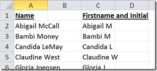 Screenshot of excel spreadsheet showing Firstname and Initial