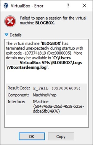 Failed to open a session for the virtual machine BLOGBOX.